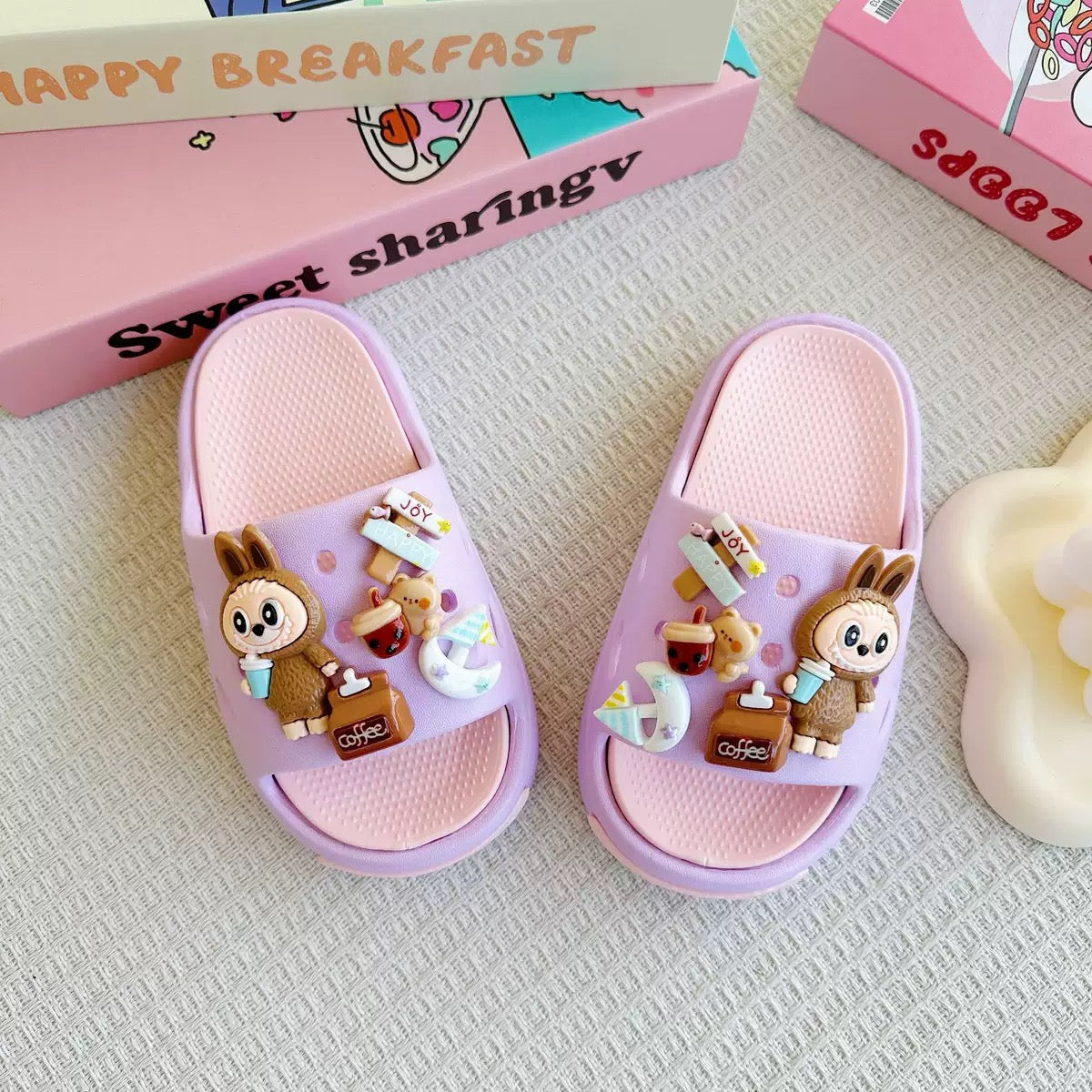 Labubu Slide Slippers – Cushioned EVA Slides with Removable 3D Charms